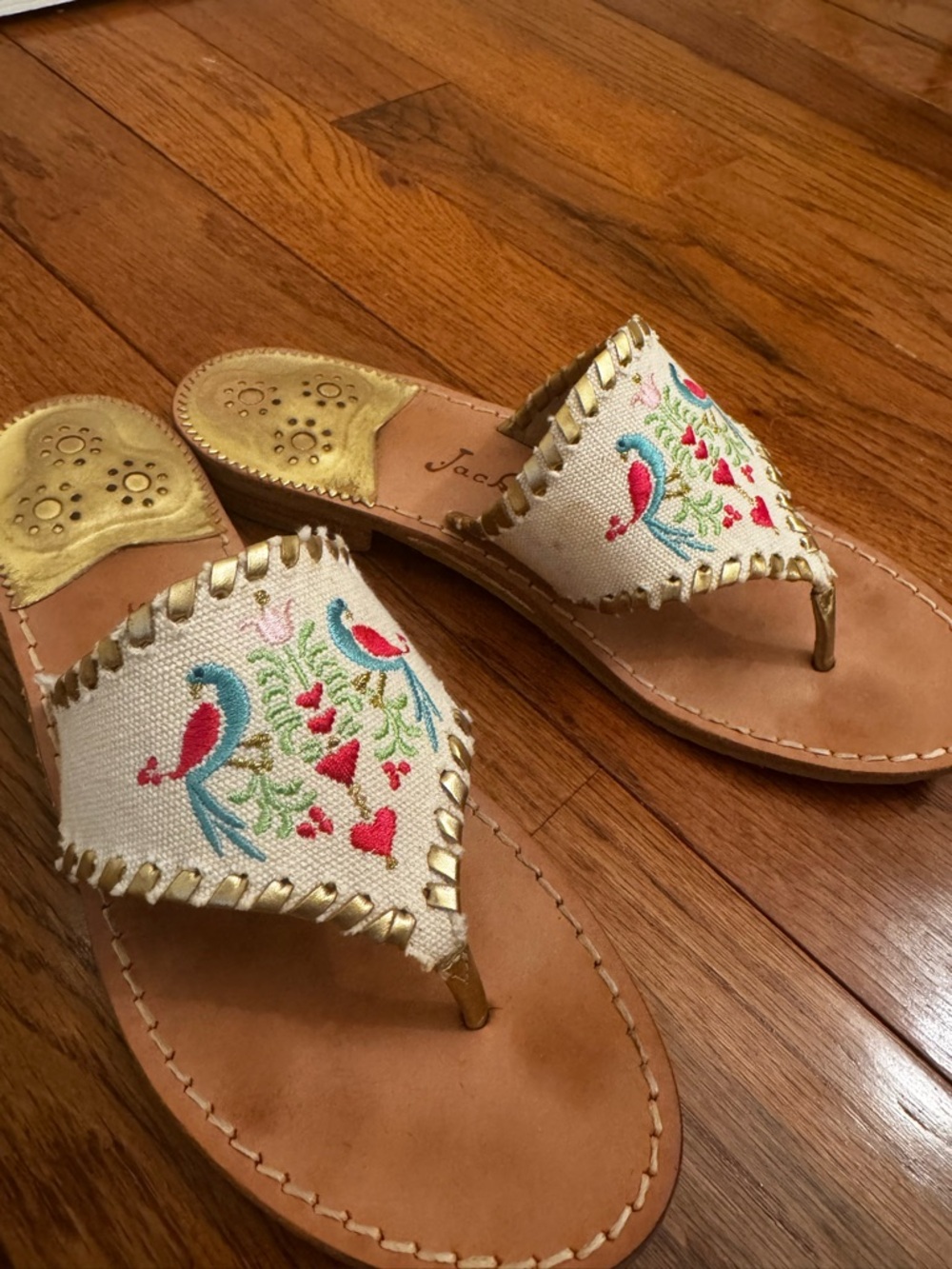 Jack Rogers Parrots Cream Embroidered Thong Sandal with Gold Accents - Picture 3 of 8